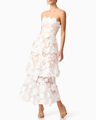 Women¡¯s White Strapless 3D Floral Embroidered Tiered Maxi Dress