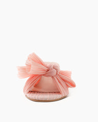 (Clean Up - US 7) Pink Pleated Bow Open Toe Chunky Block Heel Sandals