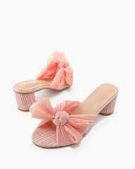 (Clean Up - US 7) Pink Pleated Bow Open Toe Chunky Block Heel Sandals