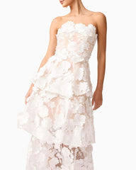 Women¡¯s White Strapless 3D Floral Embroidered Tiered Maxi Dress