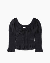 Soft Satin Shirred Peasant Style Blouse with Ruffle Detail
