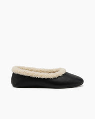 Women's Cozy Fur Trim Ballet Flats-Black Leather