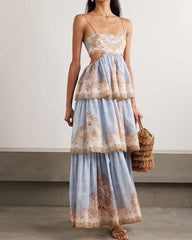 Bohemian Floral Cutout Tiered Maxi Dress