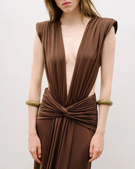 Ruched Plunge Neckline Draped Maxi Gown