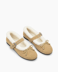 Women's Relaxed Suede Mary Jane Flats with Bow Detail