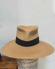 Wide Brim Woven Straw Fedora Sun Hat with Black Band