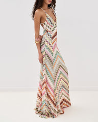 Boho Diagonal Stripe Open-Knit Backless Long Dress