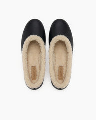 Women's Cozy Fur Trim Ballet Flats-Black Leather