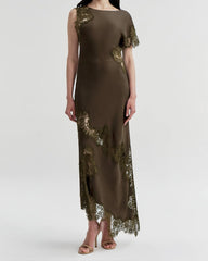 Asymmetrical Lace-Panel Evening Maxi Dress