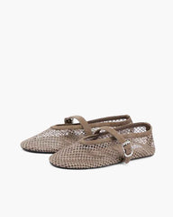 Women's Silver Fishnet Mary Jane Ballet Flats with Rhinestone Detail