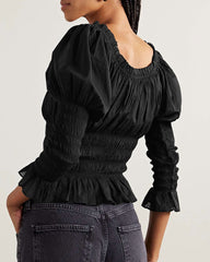 Soft Satin Shirred Peasant Style Blouse with Ruffle Detail