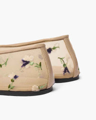 Women's Beige Floral Embroidered Mesh Ballet Flats