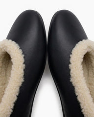 Women's Cozy Fur Trim Ballet Flats-Black Leather