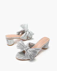 (Clean Up) Silver Pleated Bow Open Toe Chunky Block Heel Sandals