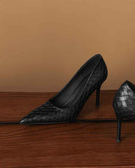 Woven-Texture Pointed-Toe Mid-High Heel Pumps