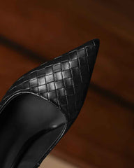 Woven-Texture Pointed-Toe Mid-High Heel Pumps