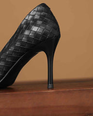 Woven-Texture Pointed-Toe Mid-High Heel Pumps