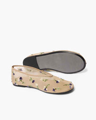 Women's Beige Floral Embroidered Mesh Ballet Flats