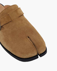 Brown Suede Flat Sole Split-Toe Sandal Mules