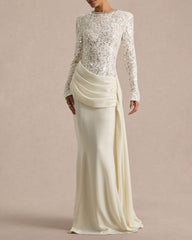 Women's Lace Long Sleeve Draped Mermaid Maxi Dress
