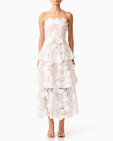Women¡¯s White Strapless 3D Floral Embroidered Tiered Maxi Dress