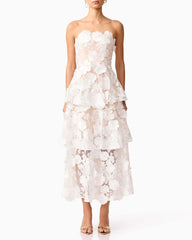 Women¡¯s White Strapless 3D Floral Embroidered Tiered Maxi Dress