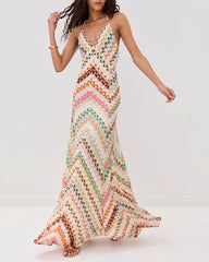 Boho Diagonal Stripe Open-Knit Backless Long Dress