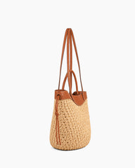 Woven Raffia Tote Bag with Leather Trim