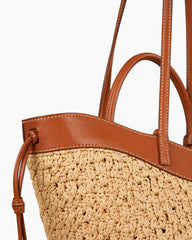 Woven Raffia Tote Bag with Leather Trim