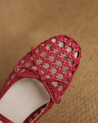 Retro Cutout Square-Toe Mary Jane Ballet Flats with Bow