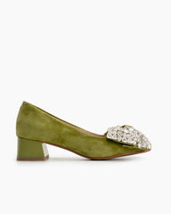 (Clean Up) Rhinestone Bow Chunky Low Heels Slip on Comfy Pumps