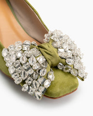 Rhinestone Bow Chunky Low Heels Slip on Comfy Pumps