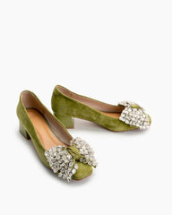(Clean Up) Rhinestone Bow Chunky Low Heels Slip on Comfy Pumps