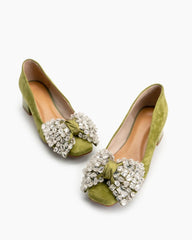 (Clean Up) Rhinestone Bow Chunky Low Heels Slip on Comfy Pumps