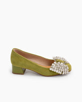 (Clean Up - US 7/11) Rhinestone Bow Chunky Low Heels Slip on Comfy Pumps