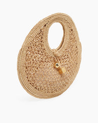 Chic Woven Raffia Circle Bag with Gold Charm Pendant