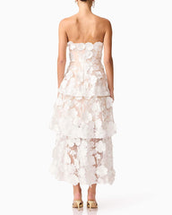 Women¡¯s White Strapless 3D Floral Embroidered Tiered Maxi Dress