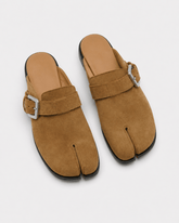Brown Suede Flat Sole Split-Toe Sandal Mules