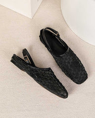 French Retro Mesh Square-Toe Slingback Mary Jane Flats
