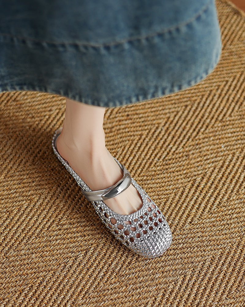 Woven Gold-Tone Strap Mary Jane Flats