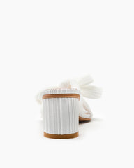 (Clean Up) White Pleated Bow Open Toe Chunky Block Heel Sandals