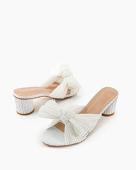 (Clean Up) White Pleated Bow Open Toe Chunky Block Heel Sandals