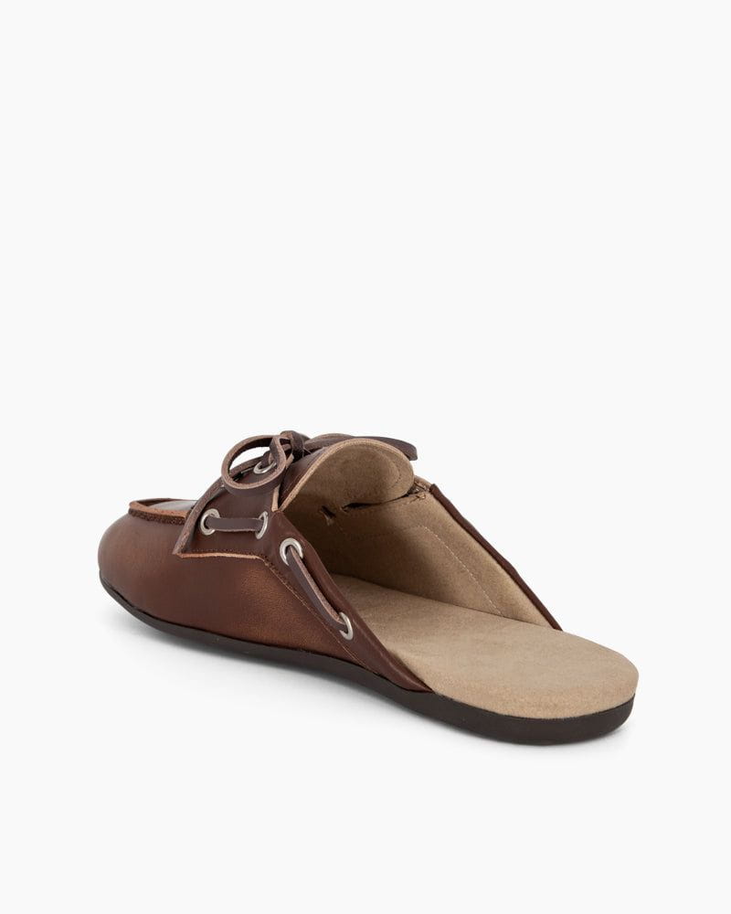 Brown leather sandal with a strap on a white background