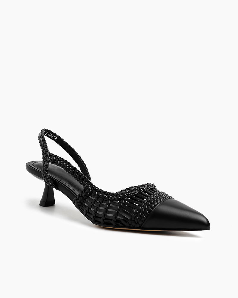 Woven Rattan Mesh Design Slingback Kitten Heel Sandals