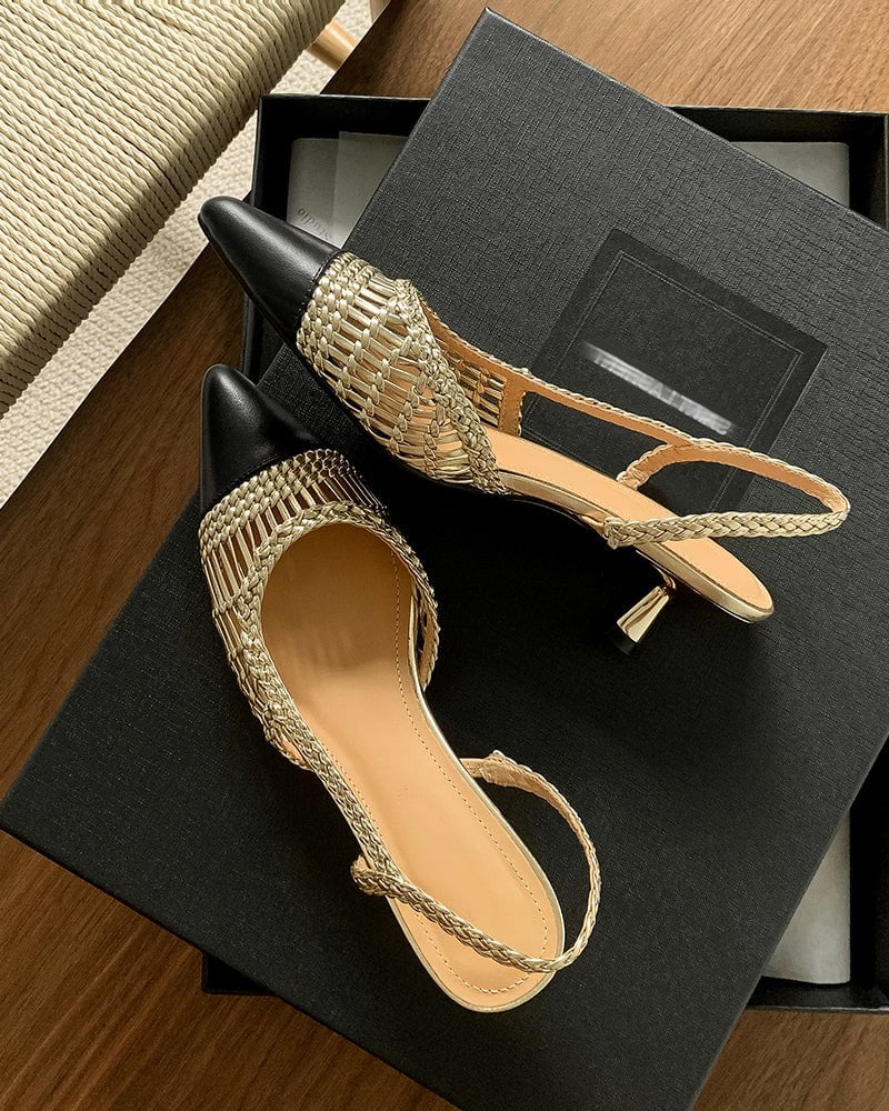 Woven Rattan Mesh Design Slingback Kitten Heel Sandals