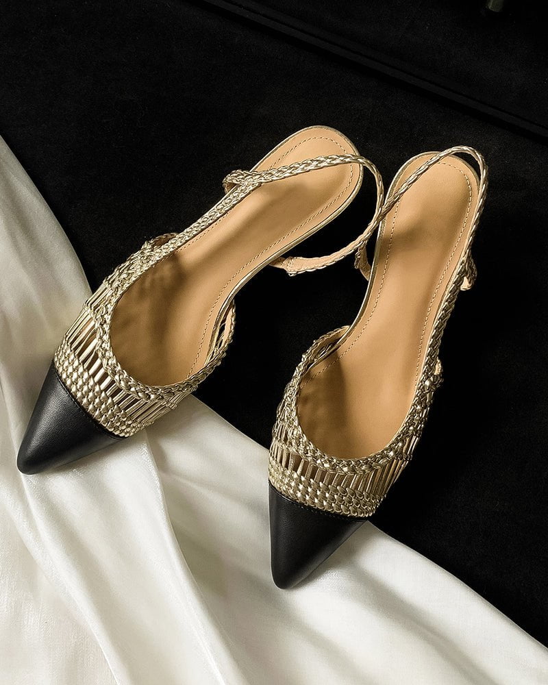 Woven Rattan Mesh Design Slingback Kitten Heel Sandals