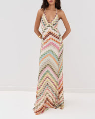 Boho Diagonal Stripe Open-Knit Backless Long Dress