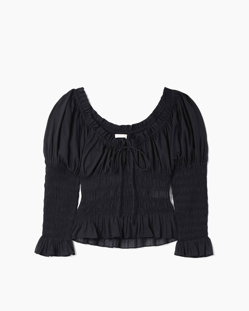 Soft Satin Shirred Peasant Style Blouse with Ruffle Detail