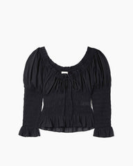 Soft Satin Shirred Peasant Style Blouse with Ruffle Detail