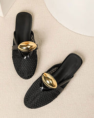 Mesh Round-Toe Buckle-Accent Mule Flats
